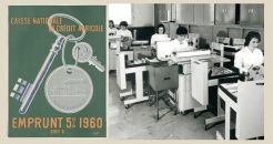 on the left, a poster for a 1960 Caisse Nationale loan and on the right, a photo of the same year of a mechanography workshop of the Haute-Marne Regional Bank
