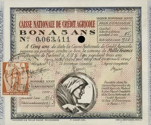 Bon &agrave; 5 ans d&rsquo;une valeur nominale de 1000 francs dat&eacute; de 1942 - Cr&eacute;dit Agricole 1re banque France particuliers professionnels institutions agriculture entreprise